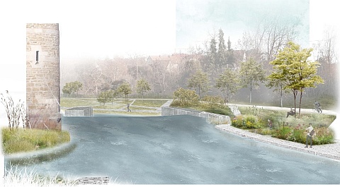 Zeichnung von Eyach und den Terrassen am Flussufer
