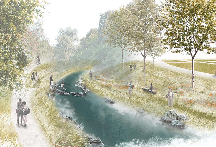 Zeichnung von einem Fluss mit Uferlandschaft, an der sich Menschen aufhalten