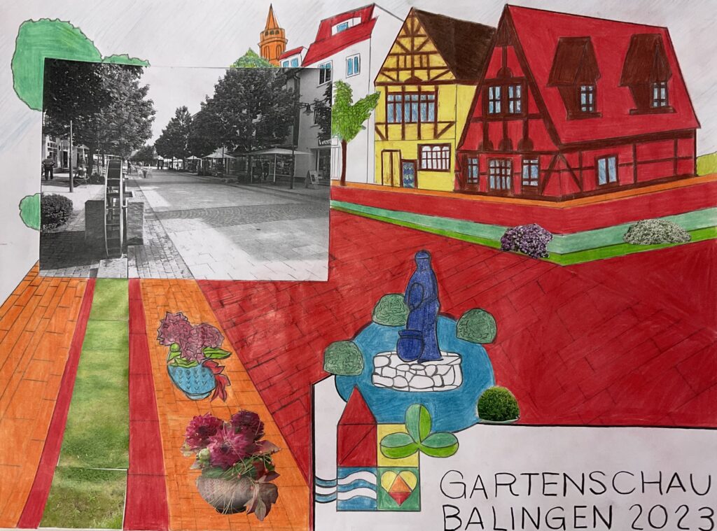 künstlerische Collage - Graustufenfoto aus Balingen mit bunten Elementen