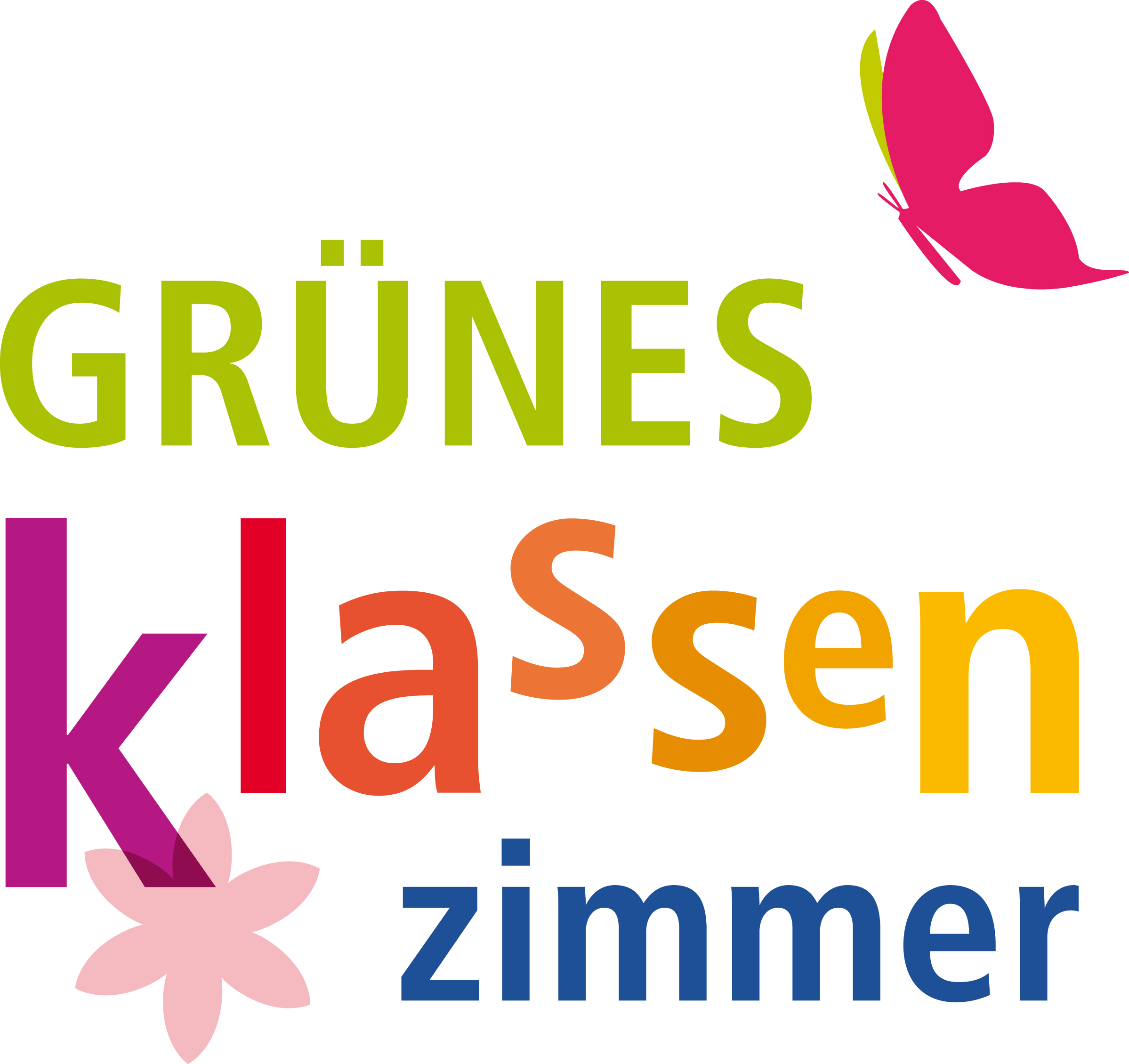Zu sehen ist das Logo des Grünen Klassenzimmers mit farbigem Schriftzug, Blume und Schmetterling